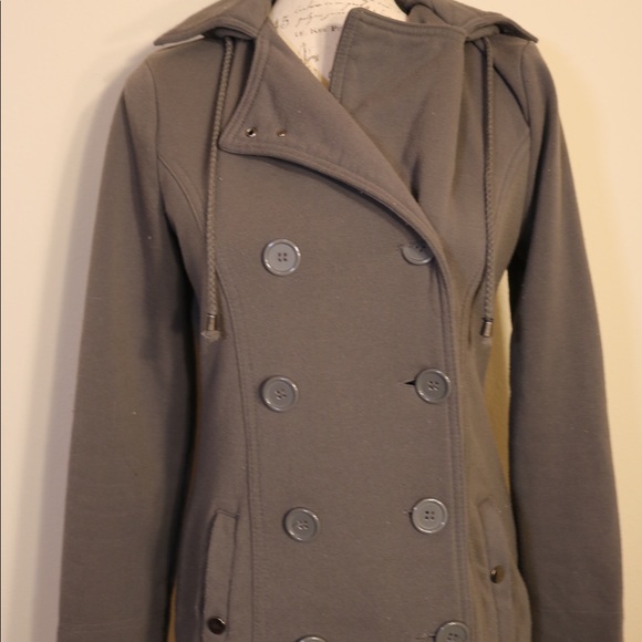 Gray button up pea coat jacket hoodie large - Picture 2 of 5